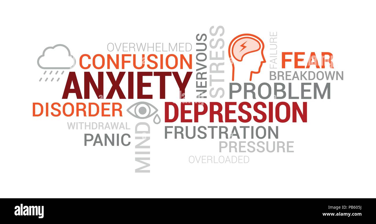 L'anxiété, la panique et la dépression tag cloud avec des mots, des concepts et des icônes Illustration de Vecteur