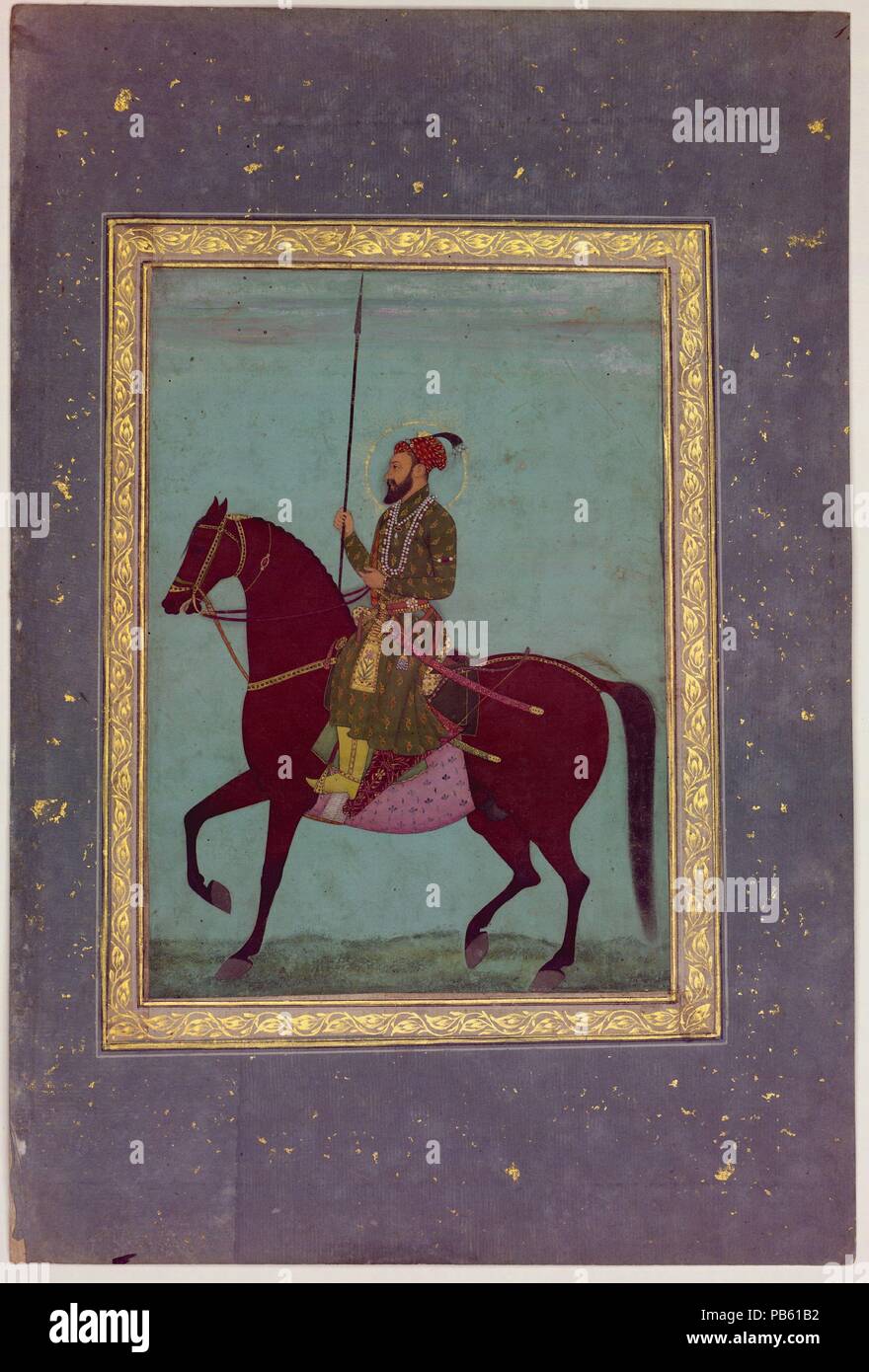 Portrait équestre d'Aurangzeb. Dimensions : Image : H. 10 1/2 in. (26,7 cm) W. 8 3/4 in. (22,2 cm) Page : H. 16 in. (40,6 cm) 10 W. 3/4 in. (27,3 cm) TMC : H. 19 1/4 in. (48,9 cm) 14 1/4 in. W. ( 36,2 cm). Date : le 17e siècle. Musée : Metropolitan Museum of Art, New York, USA. Banque D'Images