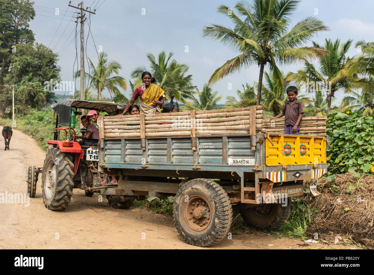 Naralapura, Karnataka, Inde - 1 novembre 2013 : les femmes et l'enfant se lever et s'asseoir sur l'agriculture de se mettre à la remorque du tracteur rouge sur chemin de terre avec green tre Banque D'Images