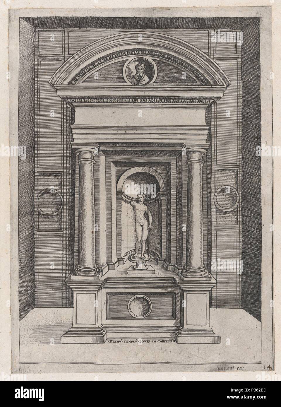 Speculum Romanae Magnificentiae : l'autel de Jupiter dans le temple le plus ancien sur le Capitol. Artiste : attribué à Agostino Veneziano (Agostino dei Musi) (Italien, Venise ca. 1490-après 1536) ; Après Rome ( ?) Raphaël (Raffaello Sanzio ou Santi) (Italien, Urbino 1483-1520 Rome). Dimensions : support : 18 1/8 x 10 5/8 in. (46 x 27 cm) Fiche technique : 11 5/8 x 8 3/8 in. (29,5 x 21,2 cm). Editeur : Antonio Salamanca Salamanca (1478-1562) de Rome. Series/portefeuille : Speculum Romanae Magnificentiae. Date : ca. 1514-36. Cette impression vient de la copie du musée du Speculum Romanae Magnificentiae (le miroir du roman Banque D'Images