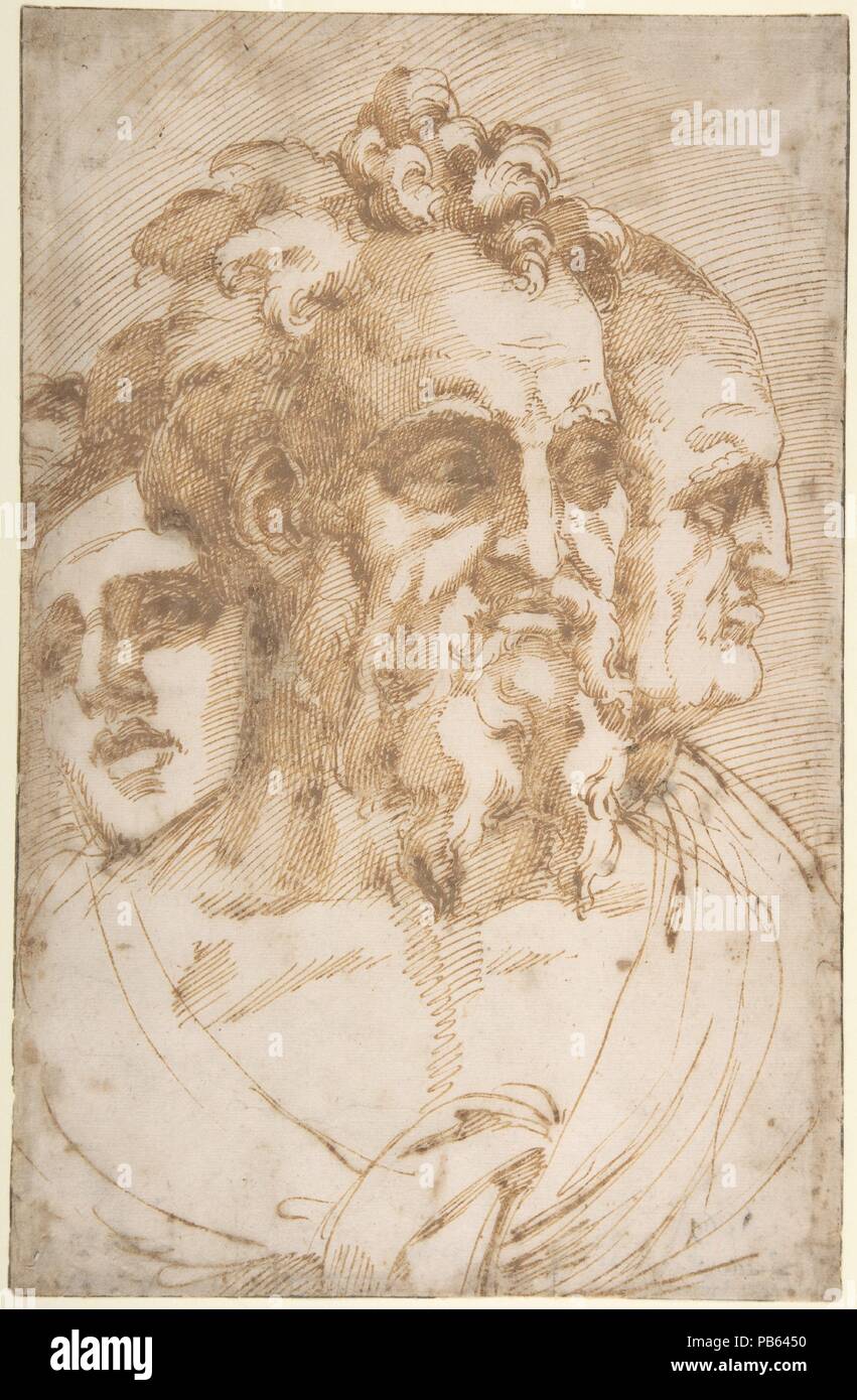 Trois hommes chefs. Artiste : Baccio Bandinelli (Italien, Gaiole in Chianti Florence 1493-1560). Dimensions : 12-5/8 x 8-1/8 in. (32,1 x 20,6 cm). Date : 1493-1560. L'objet de cette puissante tirant à la tête d'un homme vu dans trois étapes--jeunesse, maturité, vieillesse--est insaisissable. Diverses interprétations ont été proposées, à partir de l'âge de l'homme à une allégorie du passé, présent et avenir. La figure centrale peut avoir été conçu comme un auto-portrait idéalisé de l'artiste, le sculpteur florentin Baccio Bandinelli et rapporteur pour avis. La représentation des trois têtes sur la même échelle de thre Banque D'Images