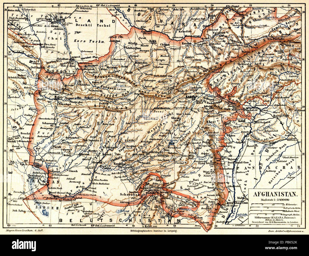 . Deutsch : Karte "Afghanistan" (1 : 5 400 000) zum gleichnamigen Artikel English : Meyers Konversationslexikon - Tome 1 - carte à la page 142 - Afghanistan . à partir de 1885 jusqu'à 1890 1021 Meyers b1 s0142a Banque D'Images