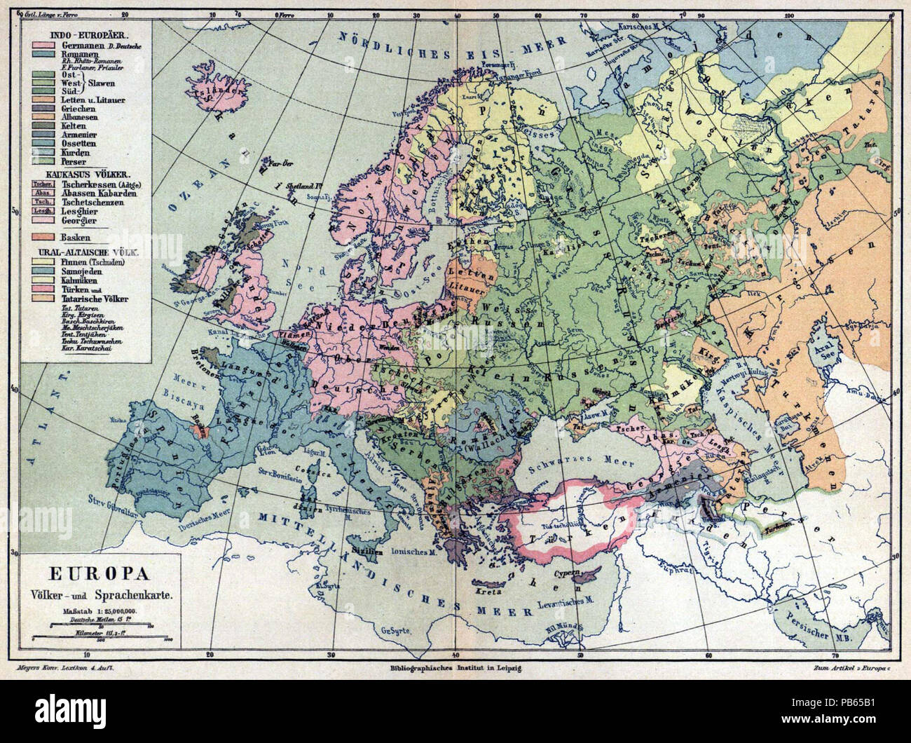 . Deutsch : Karte "Europa, Völker- und Sprachenkarte" (1 : 25 000 000) . à partir de 1885 jusqu'à 1890 1038 Meyers b5 s0919a Banque D'Images