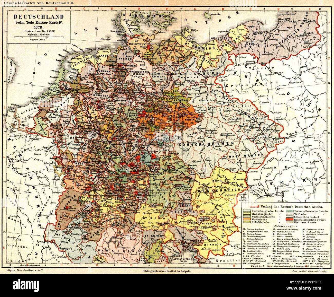 . Deutsch : Deutschland beim Tode Kaiser Karls IV, 1378 (1 : 5.500.000) (Geschichtskarten von Deutschland II) . vers 1885 1037 Meyers b4 s0858a Banque D'Images