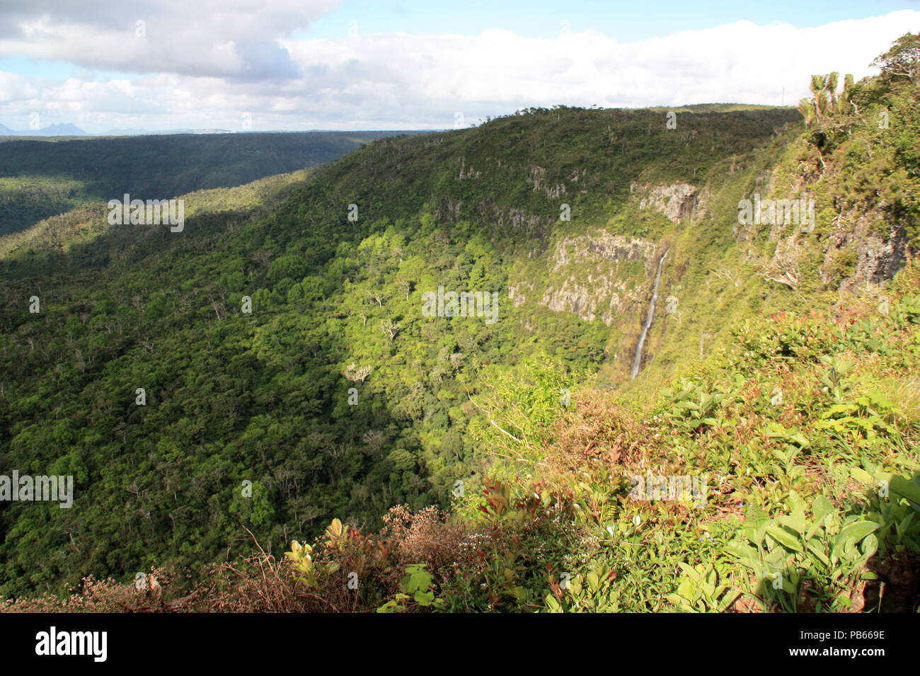 Vue spectaculaire d'un point de vue, donnant sur le parc national des Gorges de la rivière Noire, Île Maurice, vers une cascade Banque D'Images