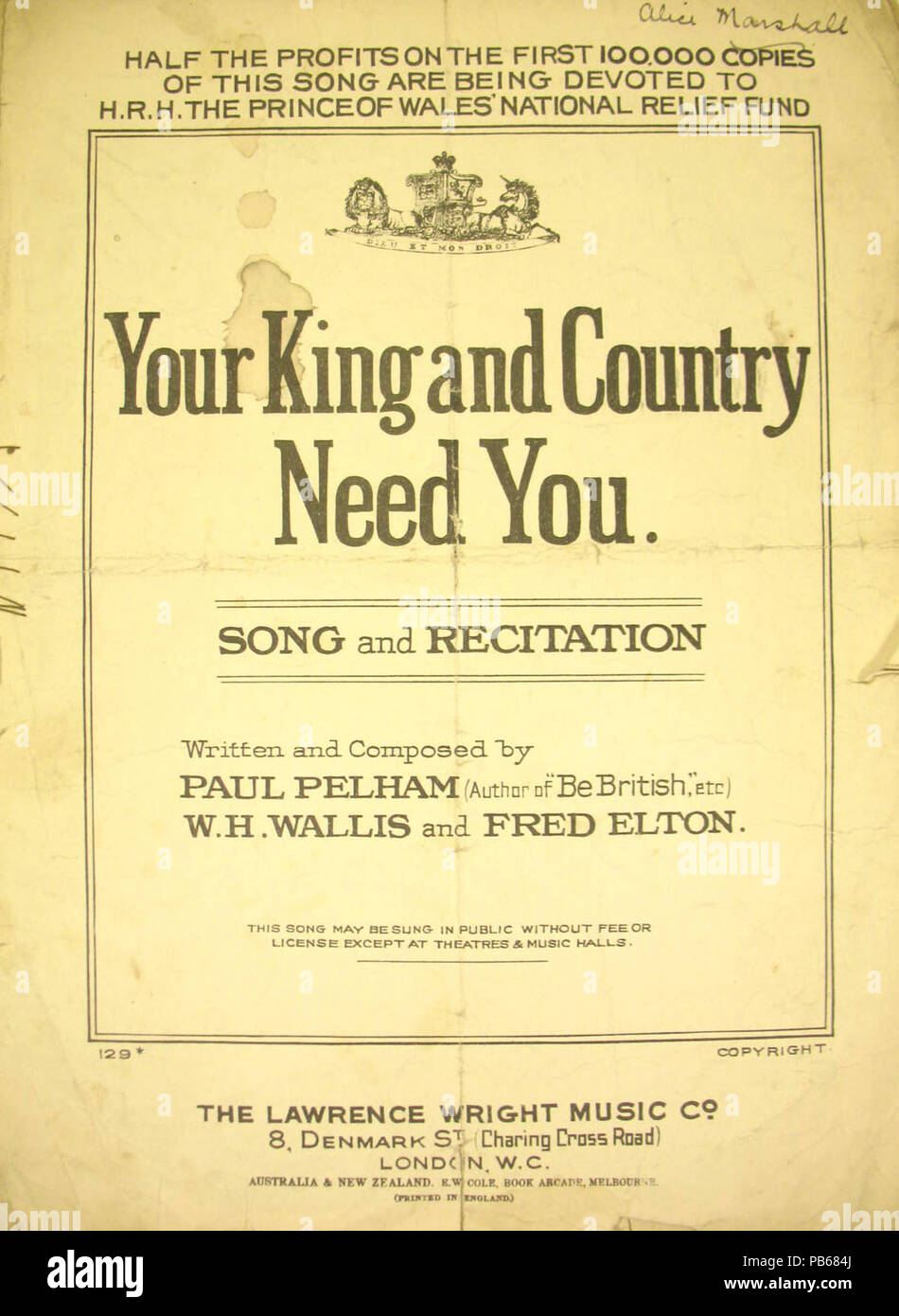 1879 Votre roi et votre pays ont besoin de vous partitions 01 Banque D'Images