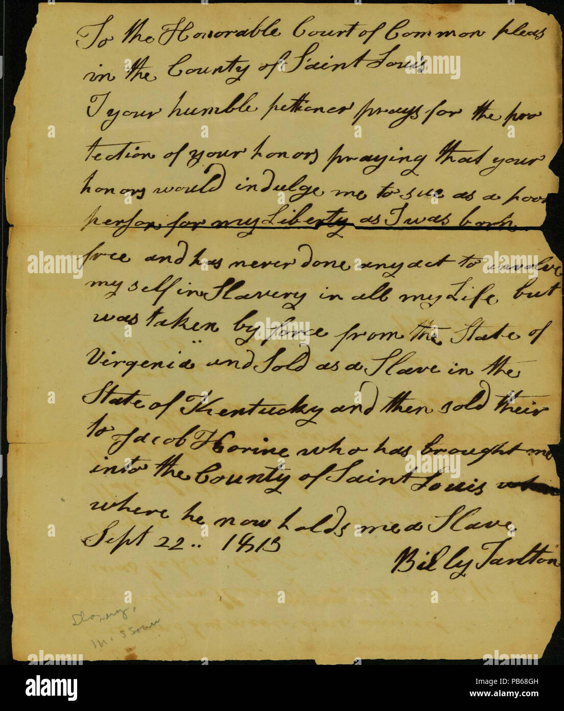 1184 Pétition de Billy Tarlton à la cour des plaids communs dans la région de Saint Louis comté, le 22 septembre 1813 Banque D'Images