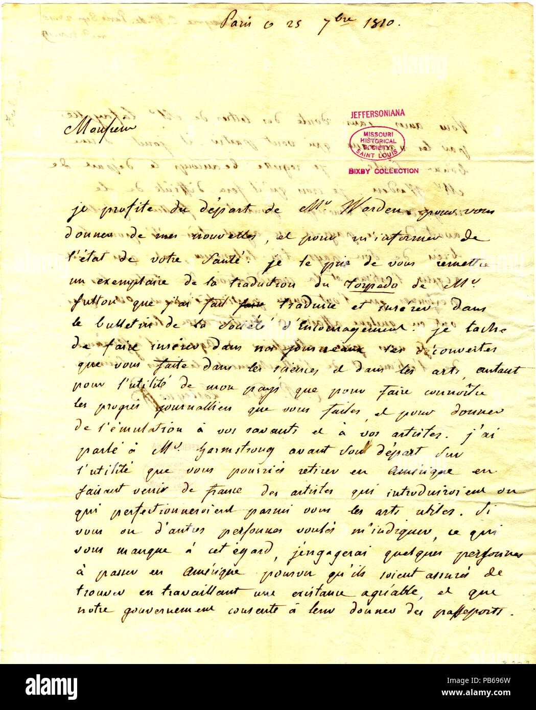 906 Lettre signée C.P. De Lasteyrie, Paris, à Thomas Jefferson, le 25 septembre 1810 Banque D'Images