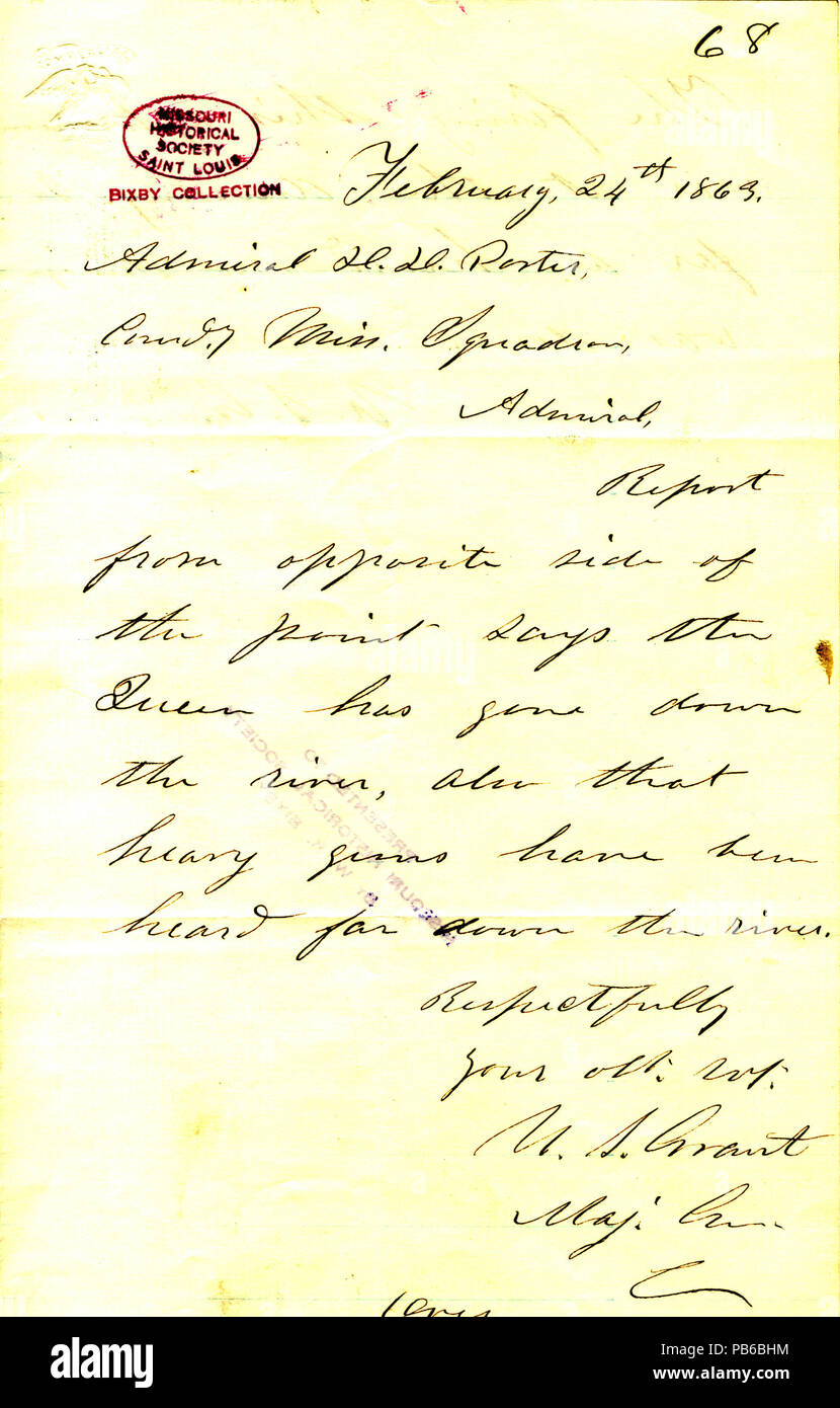 904 Lettre de U. S. Grant (David D.) à porter, 24 février 1863 Banque D'Images