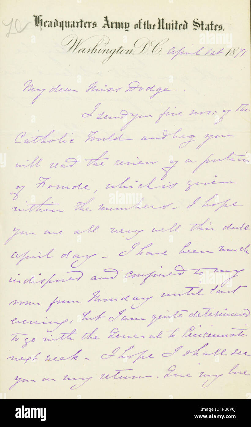 907 Lettre signée Ellen B. E. Sherman, Washington, D.C., à Mlle Dodge, Avril 1, 1871 Banque D'Images