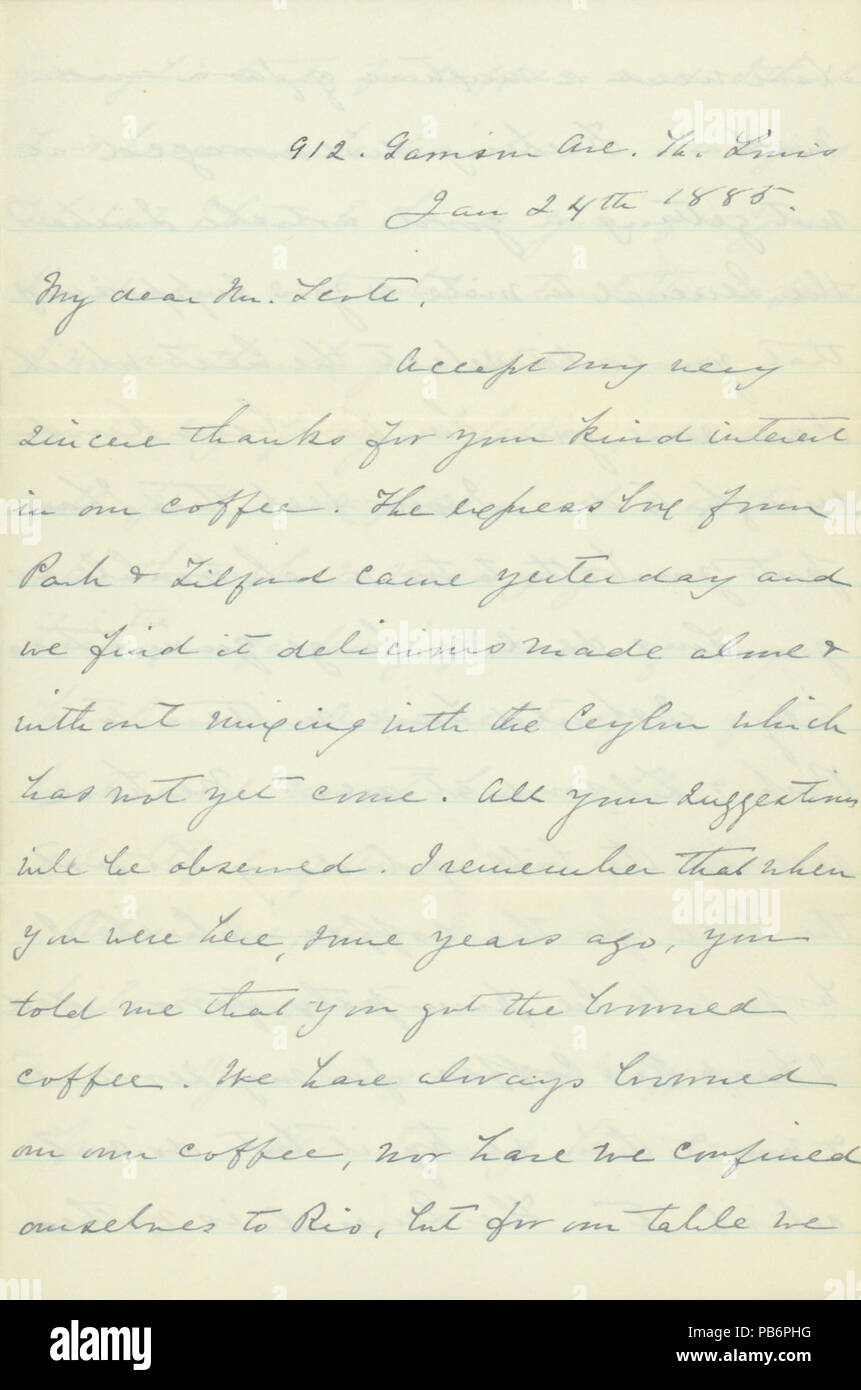 907 Lettre signée Ellen Ewing Sherman, 912, avenue de la garnison, Saint Louis, à (William) Scott, New York, janvier 24, 1885 Banque D'Images