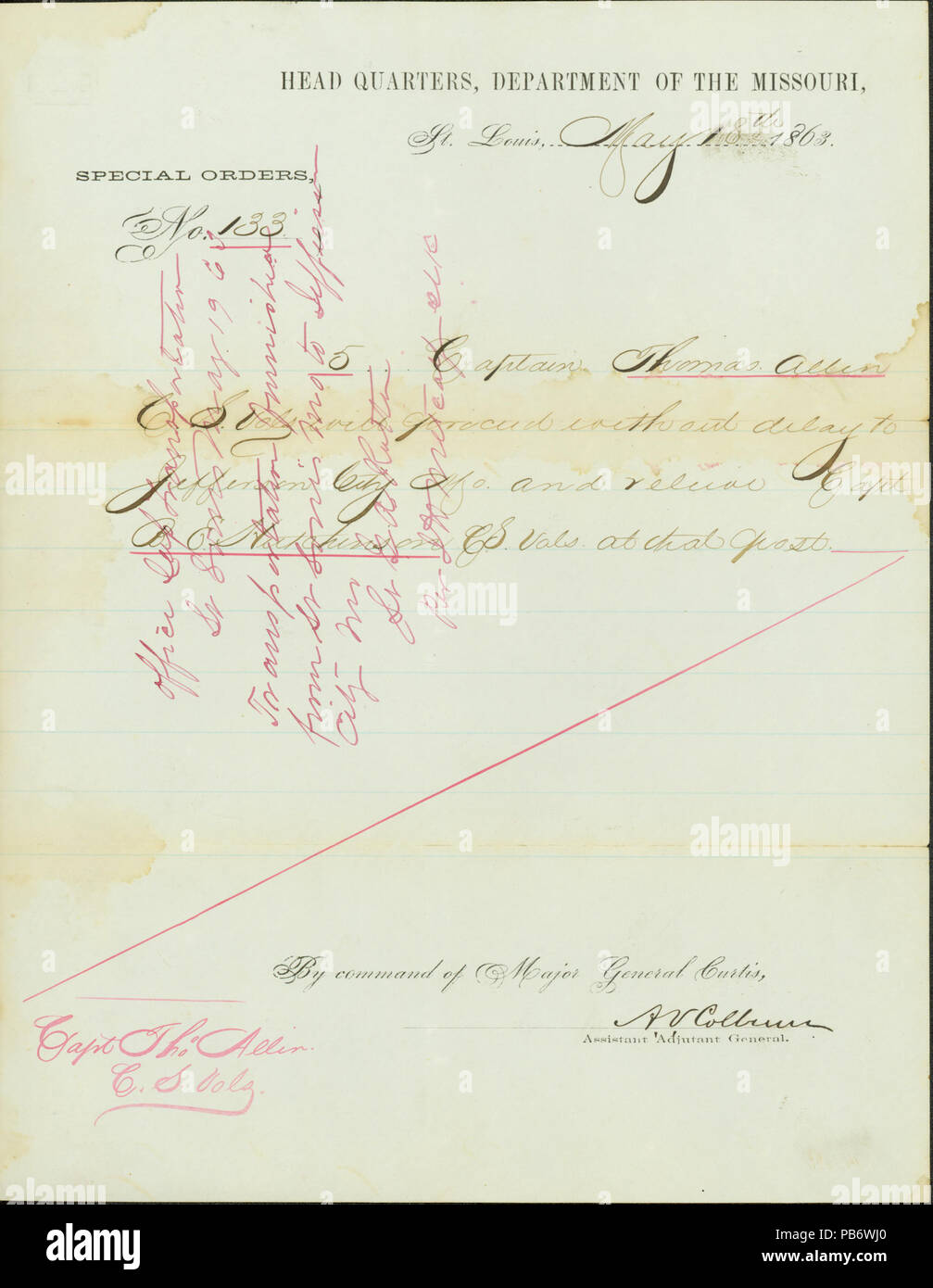 1557 commandes spéciales, n° 133, signé A.V. Colburn, adjudant général adjoint, Head Quarters, Ministère de l'Iowa, Saint Louis, le capitaine Thomas Allin, le 18 mai, 1863 Banque D'Images