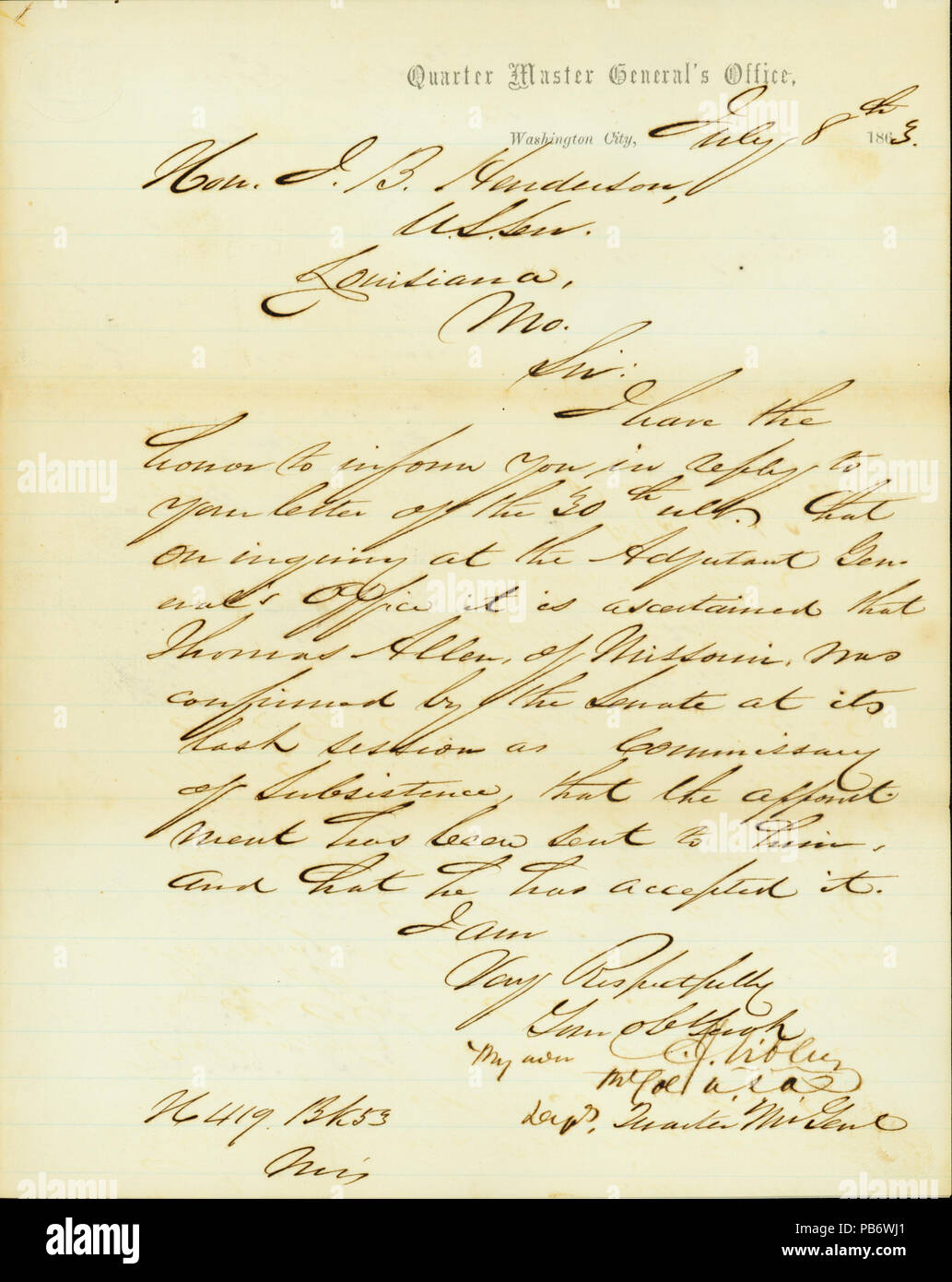 899 Lettre (signature illisible), New York City, à J.B. Henderson, Louisiane, Mo., Juillet 8, 1863 Banque D'Images