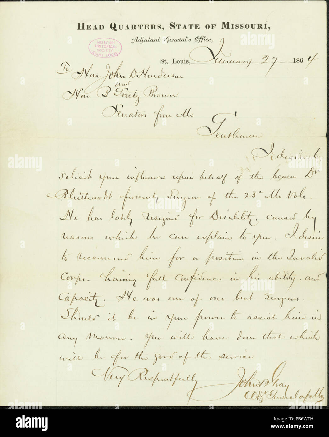 909 Lettre signée John B. Gray, Head Quarters, Etat du Missouri, adjudant général, Saint Louis, à John B. Henderson et B. Gratz Brown, les sénateurs du Missouri, le 27 janvier, 1864 Banque D'Images