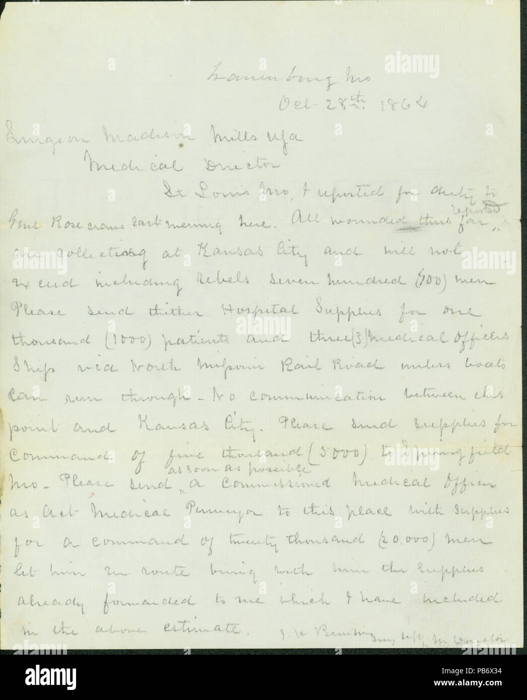 909 Lettre signée J.H. Brinton, Warrensburg, Mo., chirurgien à Madison Mills, directeur médical, Saint Louis, Mo., Octobre 28, 1864 Banque D'Images