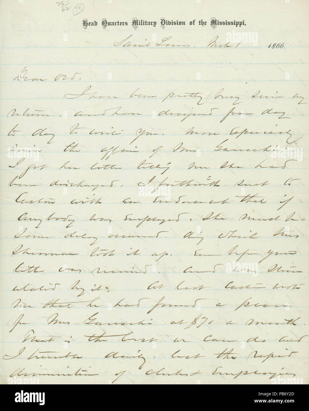 914 Lettre signée W.T. Sherman, Head Quarters Division militaire du Mississippi, Saint Louis, à (E.O.C.) Ord, le 1 mars 1866 Banque D'Images