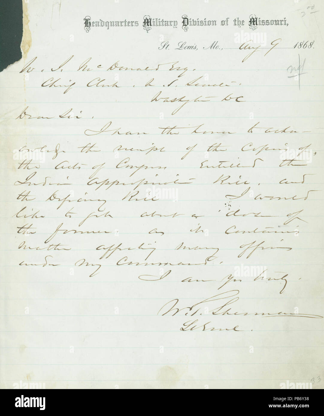914 Lettre signée W.T. Sherman, siège de la Division militaire du Missouri, Saint Louis, Mo., de W.I. McDonald, greffier en chef du Sénat des États-Unis, Washington, D.C., le 9 août 1868 Banque D'Images