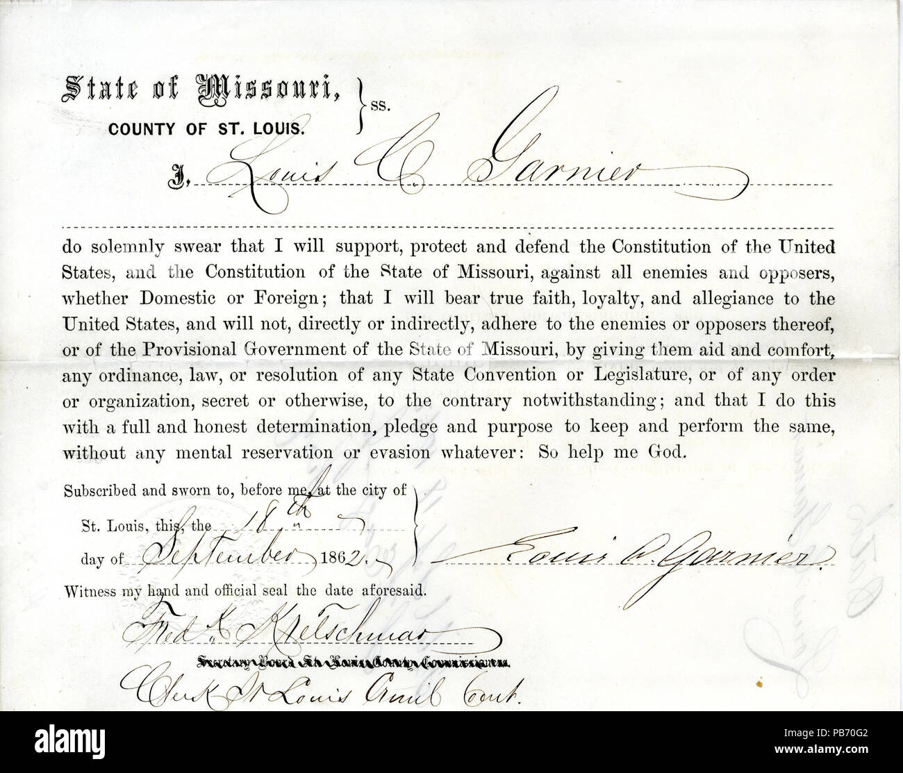 952 serment de loyauté de Louis C. Garnier du Missouri, dans le comté de Saint Louis Banque D'Images