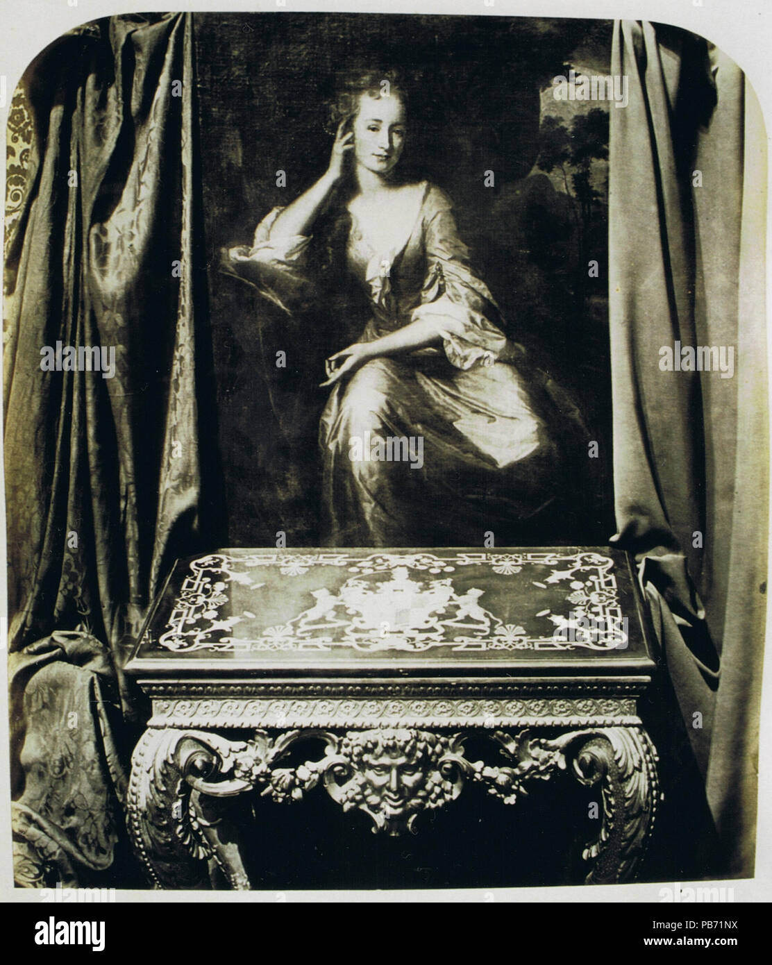 1805 Victorian photo d'un portrait de Mary Stanhope, plus tard de la Vicomtesse fane, par G. Schalken, 1702, et une table Florentine c1735 Banque D'Images