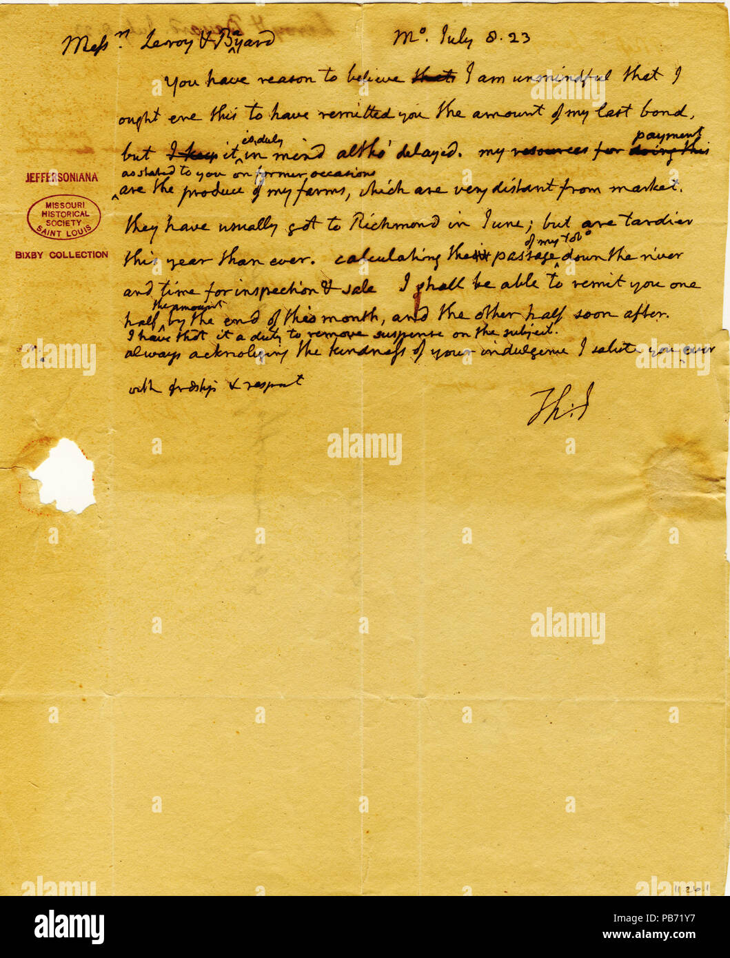 905 Lettre de Thomas Jefferson (uniquement des initiales), Monticello, de Leroy et Bayard, Juillet 8, 1823 Banque D'Images