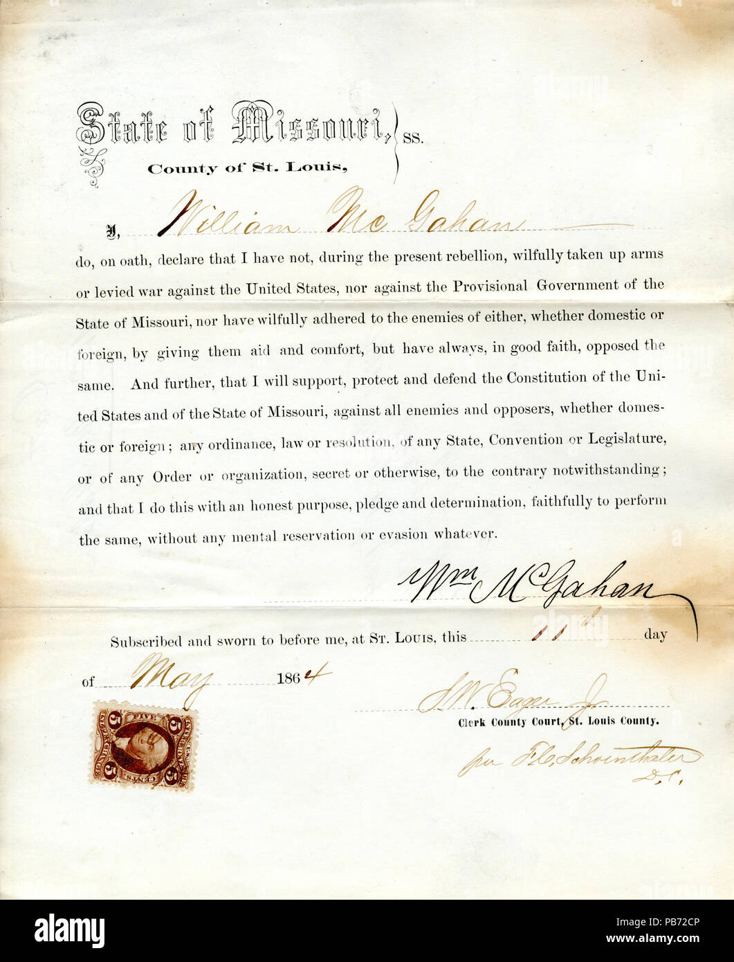 956 serment de loyauté de William McGahan du Missouri, dans le comté de Saint Louis Banque D'Images
