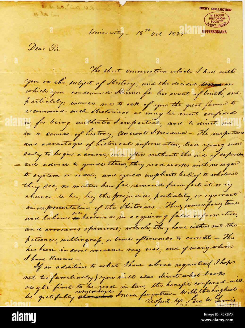 908 Lettre signée George W. Lewis, université, à Thomas Jefferson, le 18 octobre 1825 Banque D'Images
