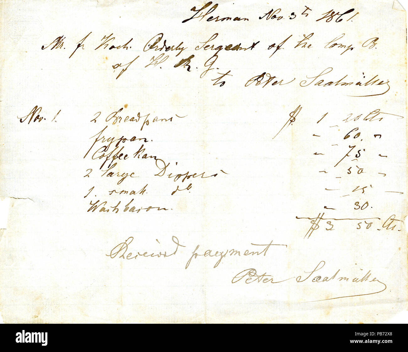 1248 réception du paiement, signé Peter Soalmulle, le 3 novembre, 1861 Banque D'Images