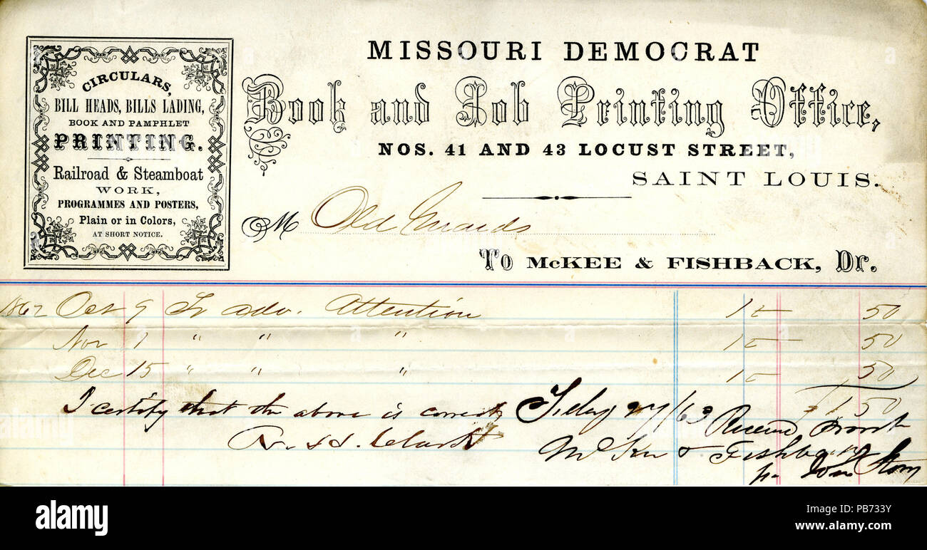 1247 Reçu de paiement de 1,50 $ reçu par McKee et Fishback à partir de la vieille garde (St. Louis, Mo.), Février 24, 1863 Banque D'Images