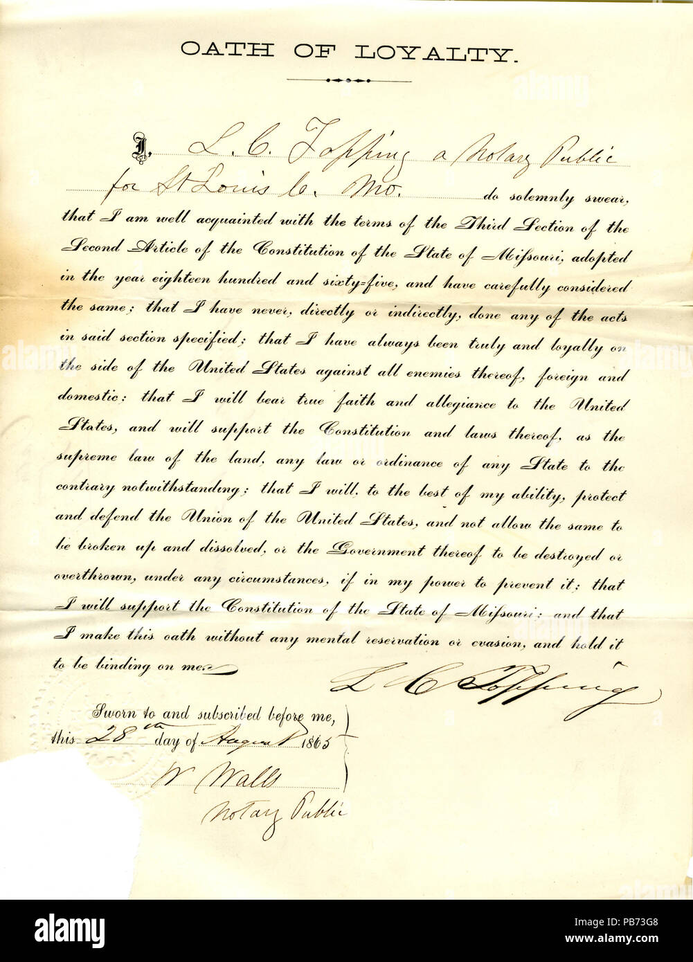 952 serment de loyauté de L. C. Topping du Missouri, dans le comté de Saint Louis Banque D'Images