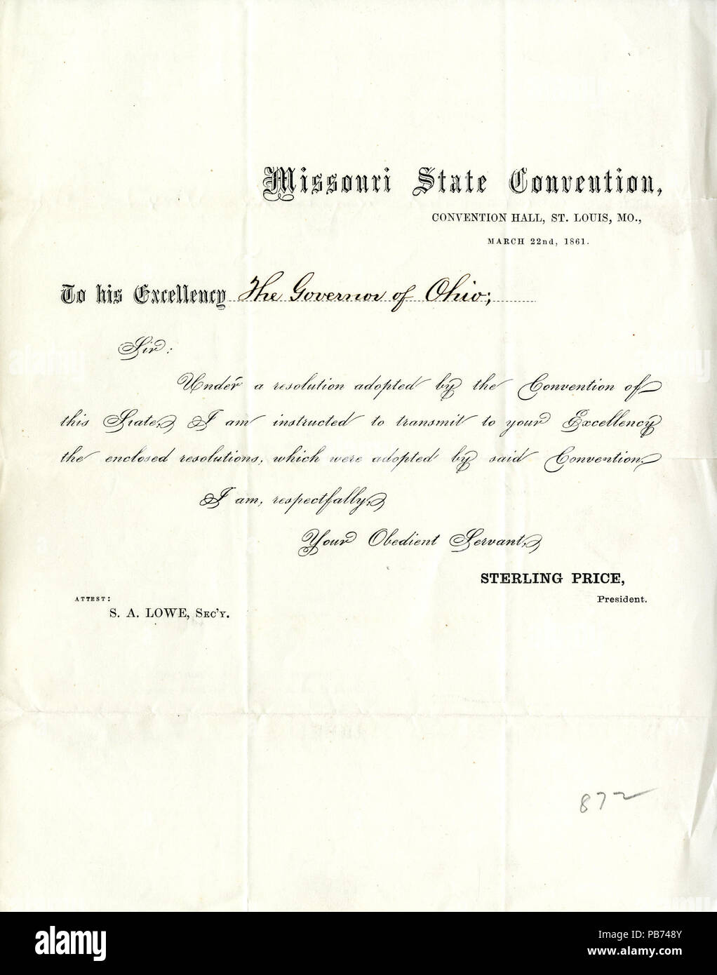 1228 Lettre imprimée de Sterling Price, Missouri State Convention, Convention Hall, Saint Louis, Mo., au gouverneur de l'Ohio, le 22 mars 1861 Banque D'Images
