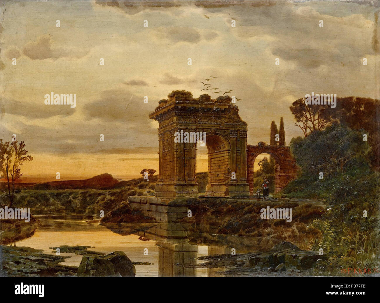 Knab Ferdinand - paysage avec ruines et chiffres au crépuscule Banque D'Images
