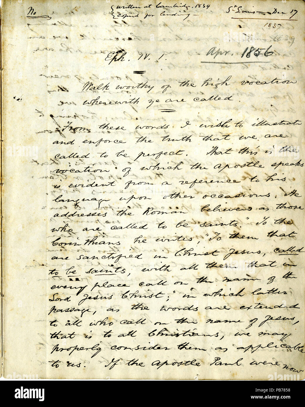 992 Autographe de sermon prononcé par le révérend William Greenleaf Eliot, Décembre 17, 1837 Banque D'Images