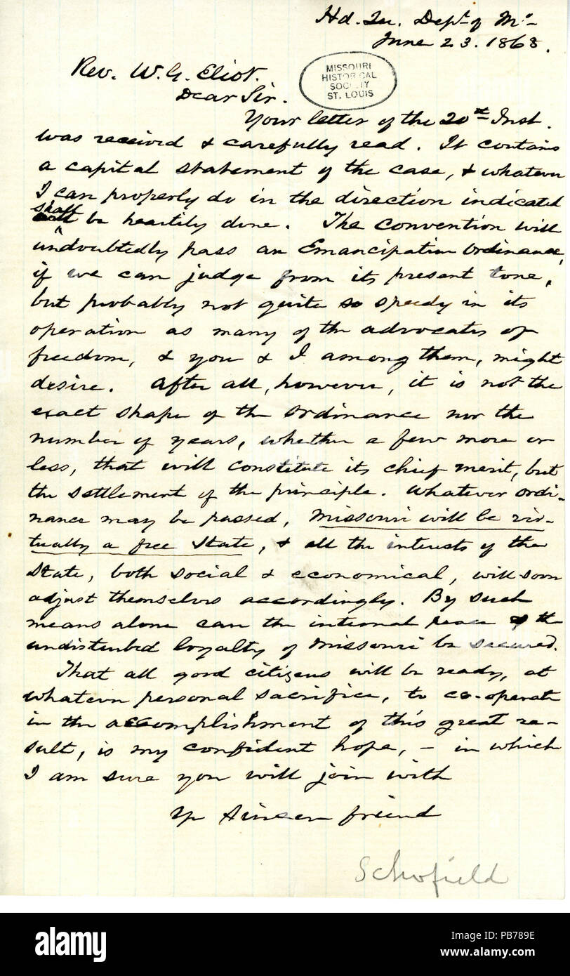 912 Lettre signée Schofield (J.M. Schofield), Hd. Qu. Dept. of Mo., à William G. Eliot, le 23 juin, 1863 Banque D'Images