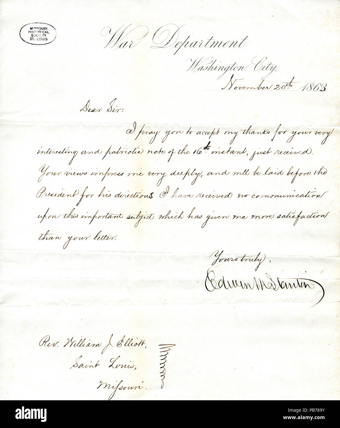 907 Lettre signée Edwin M. Stanton, Ministère de la guerre, Washington, ville de révérend William G. Eliot, Saint Louis, Missouri, le 20 novembre, 1863 Banque D'Images