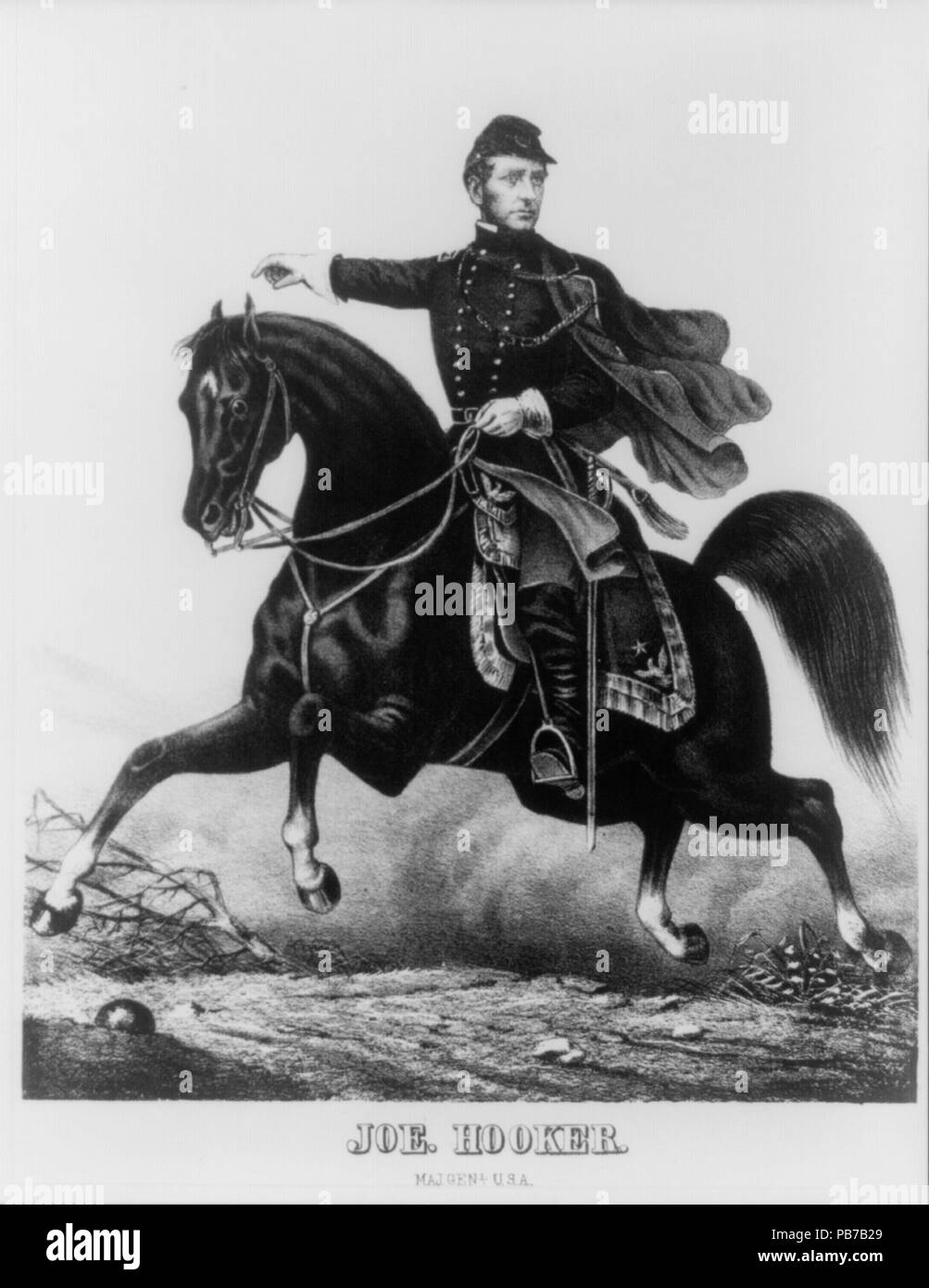 . Anglais : Titre : Joe Hooker, le Major Général., U.S.A Description physique : 1 gravure : lithographie ; 27,2 29,6 (avec texte) x 24,7 cm. Note : '10 pouces 3/4 h. x 9 3/4" pouces w.' ; nom associé sur la carte : Ehrgott, Forbriger & Company, Cincinnati. ; la même pierre, avec seulement des changements dans le visage et le chapeau a été utilisé pour les autres portraits dans cette série : Davis, Rosecrans. ; ce dossier contient des données non vérifiées de carte catalogue topographique PGA (copie de P&carte catalogue AGA). Entre 1862 et 1864 834 Joe Hooker, le major général, U.S.A RCAC2003656369. Banque D'Images