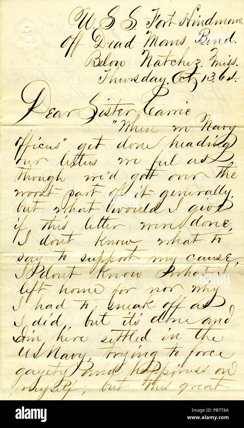 911 Lettre signée Ned C. Ellis (Edmund Curtus Ellis), l'U.S.S. Hindman off Dead Man's Bend, ci-dessous Natchez, Mississippi, à Sœur Carrie, Octobre 13, 1864 Banque D'Images