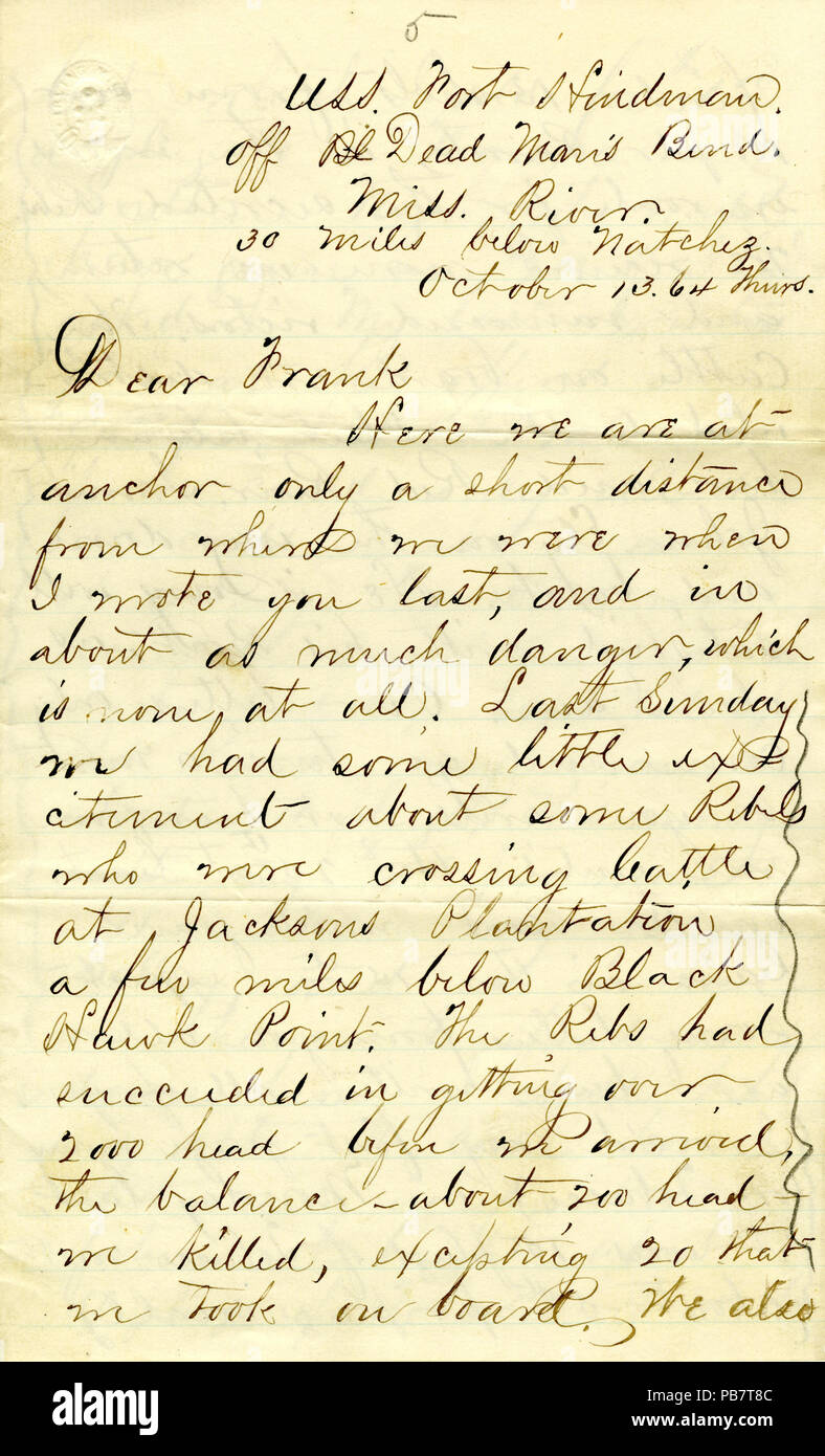 1171 lettre partielle (de Edmund Curtis Ellis), l'U.S.S. Fort Hindman off Dead Man's Bend, Mississippi River, 30 milles au-dessous de Natchez, à Frank, le 13 octobre 1864 Banque D'Images