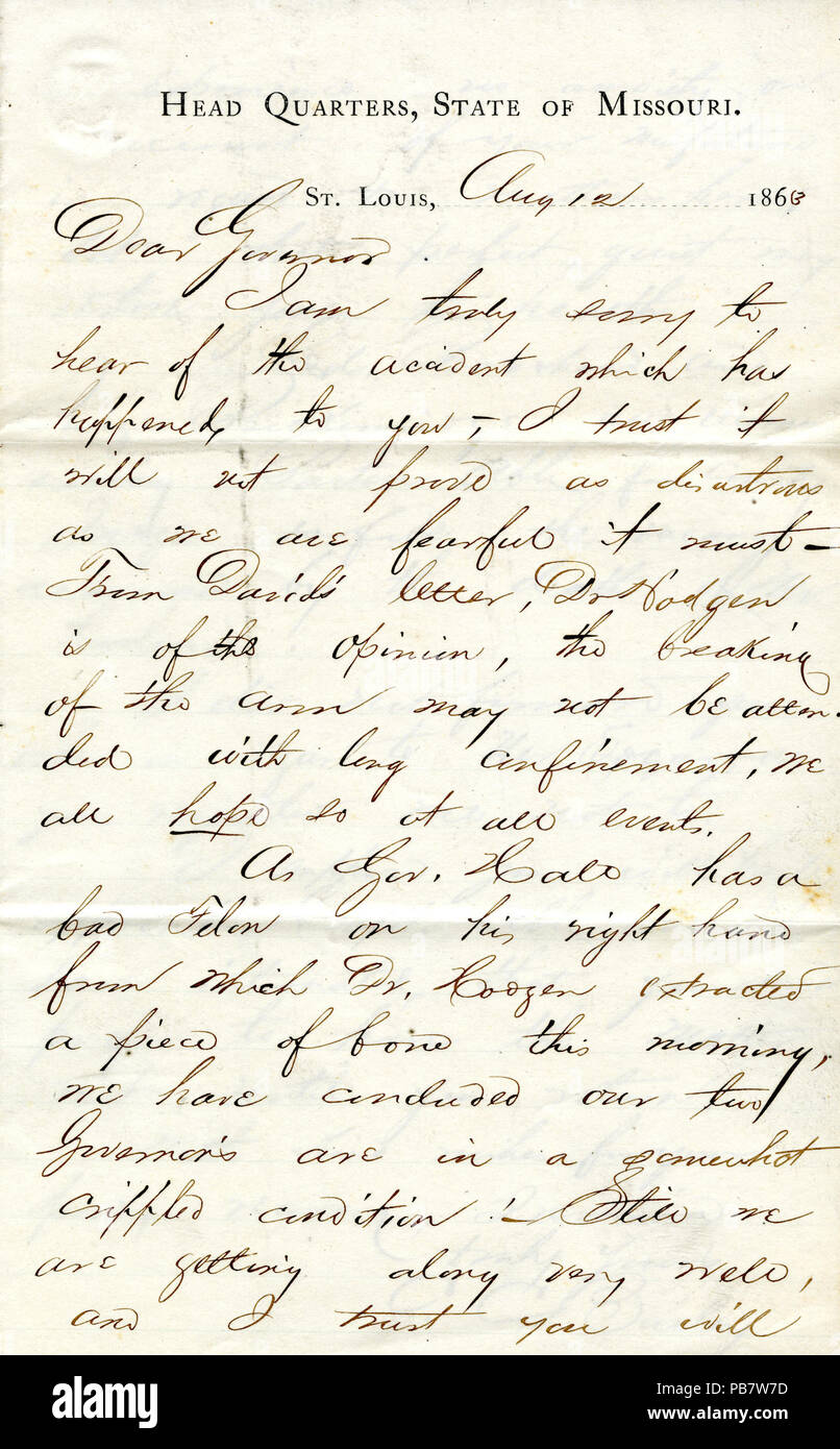 Lettre signée 906 CC. Bailey, Head Quarters, Etat du Missouri, Saint Louis, au gouverneur (Hamilton R. Gamble), Août 12, 1863 Banque D'Images