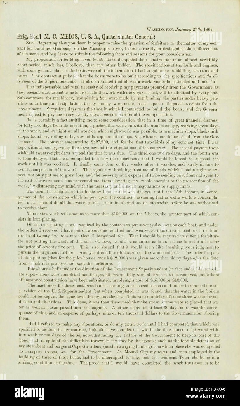Imprimé 1228 Lettre du Jas. B. B. James (EADS EADS), Washington, au général M.C. Meigs, Janvier 27, 1862 Banque D'Images Imprimé 1228 Lettre du Jas. B. B. James (EADS EADS), Washington, au général M.C. Meigs, Janvier 27, 1862 Banque D'Images