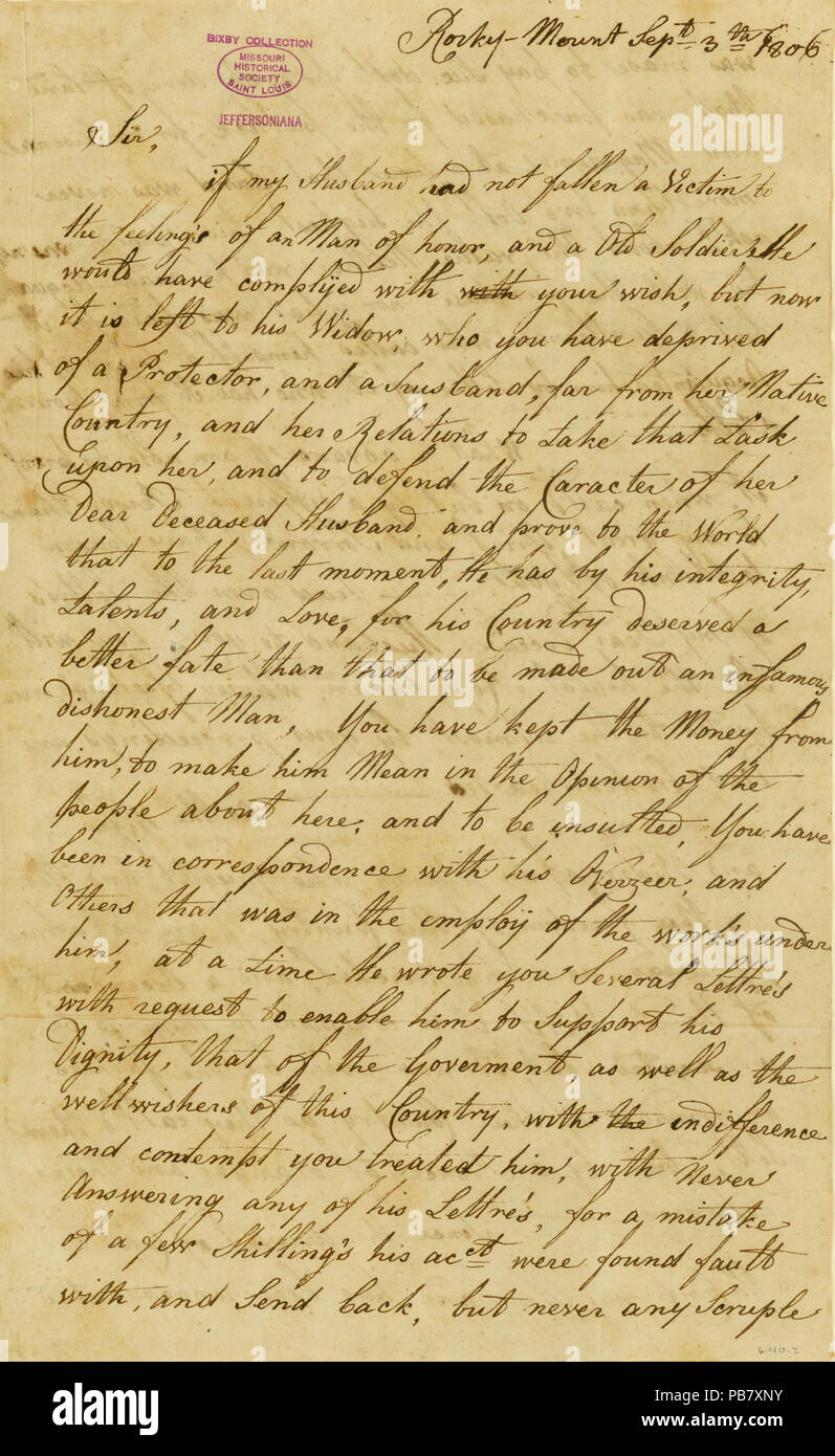 908 Lettre signée Gertrude Joan Senf, Rocky Mount, à Henry Dearborn, secrétaire de la guerre, le 1 septembre 1806 Banque D'Images