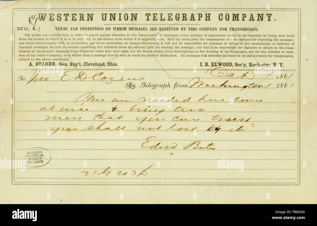 1602 Télégramme de Edward Bates, Washington, D.C., à John E.D. Couzins, Octobre 1, 1861 Banque D'Images
