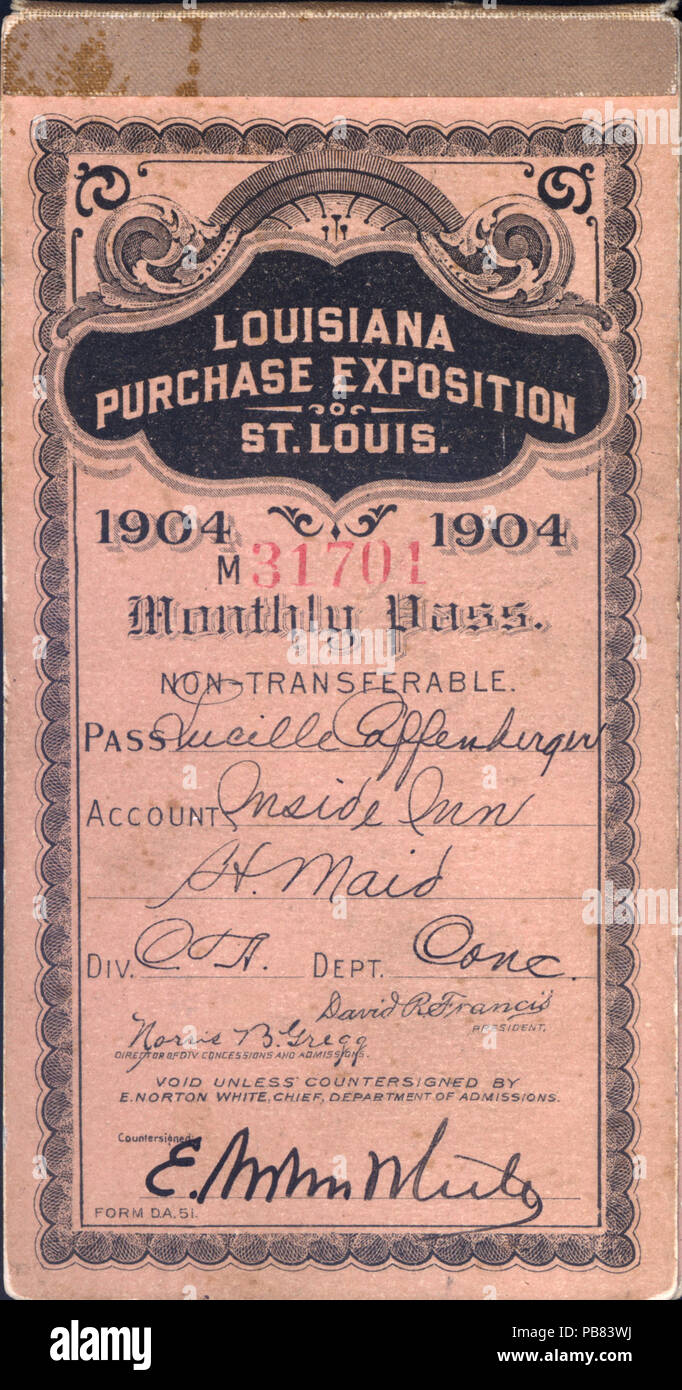 1869 Laissez-passer mensuel du travailleur de Lucille, Coffenberger hotel maid à l'intérieur Inn à l'achat de la Louisiane, Exposition 1904 Banque D'Images