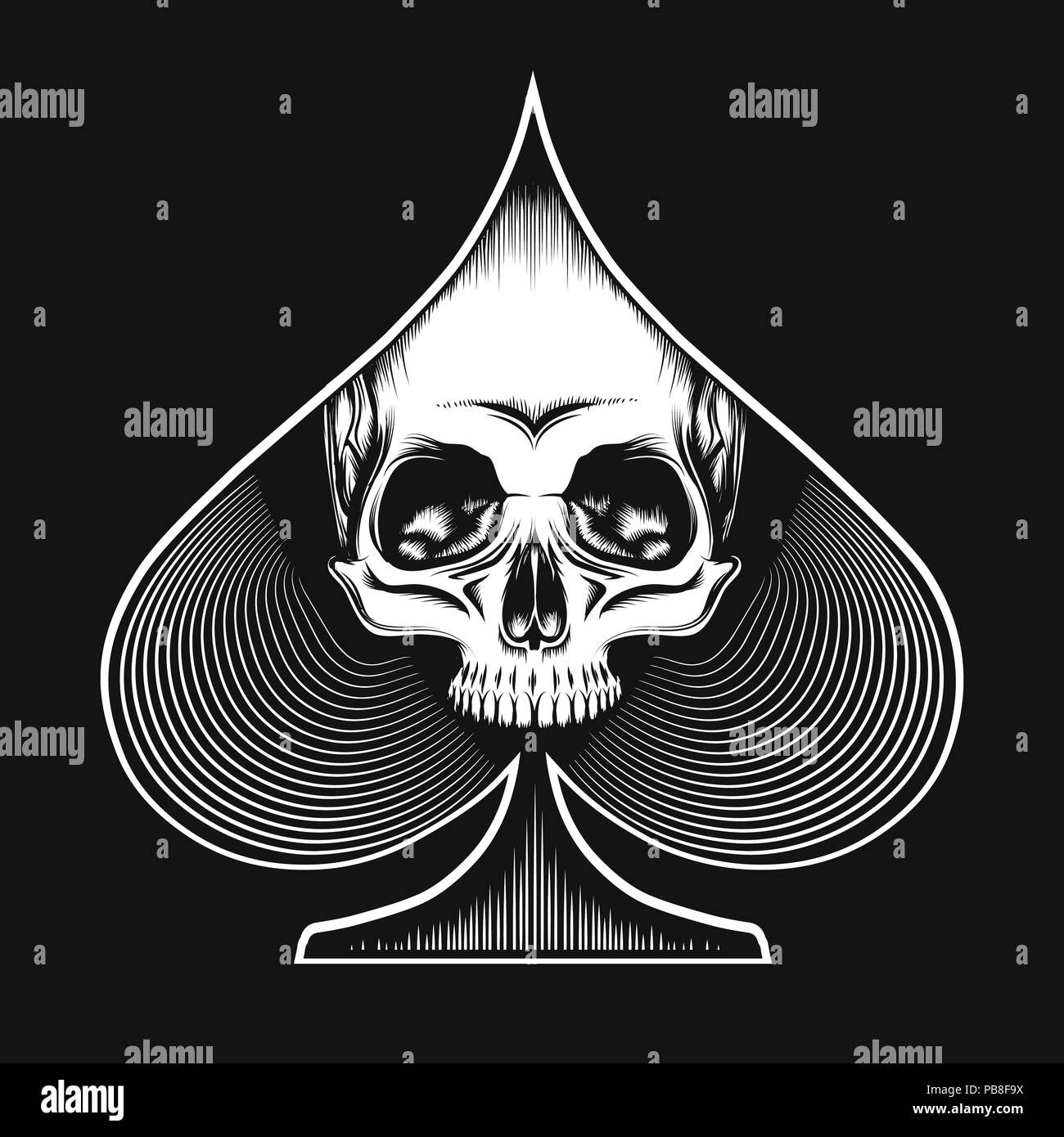 Crâne humain en fonction de chat dessiné dans le style de tatouage. Carte de jeu de casino ou concept. Vector illustration. Illustration de Vecteur