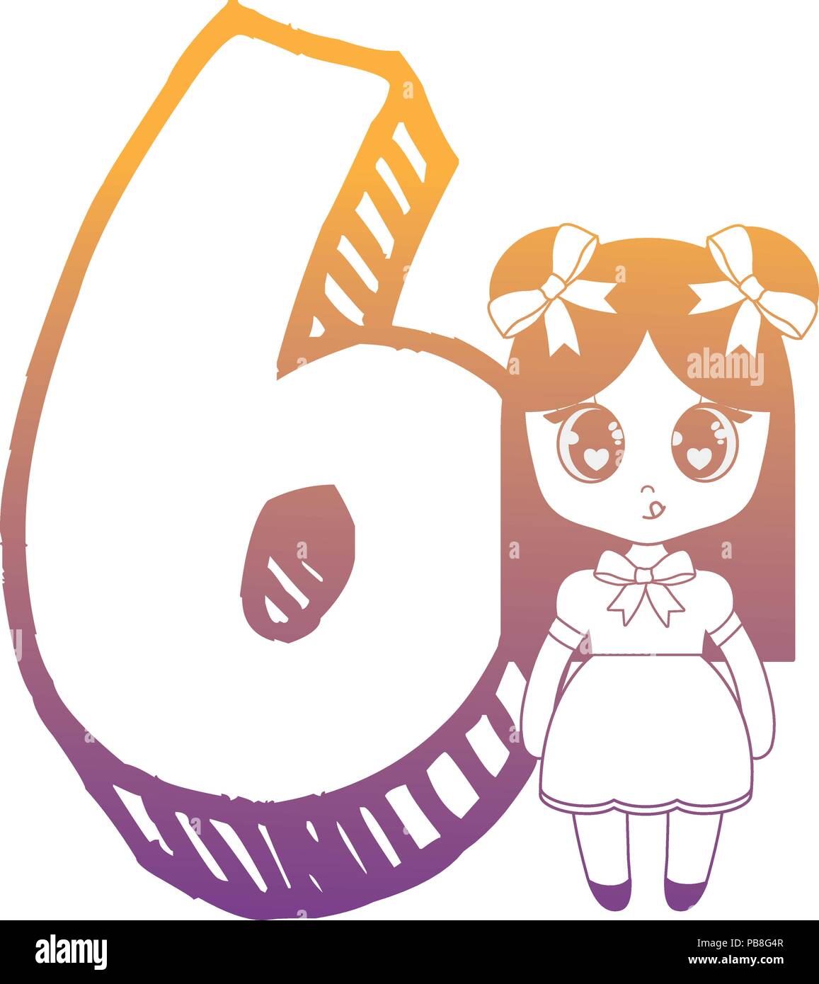 Numéro six et cute anime girl icône sur fond blanc, vector illustration ...