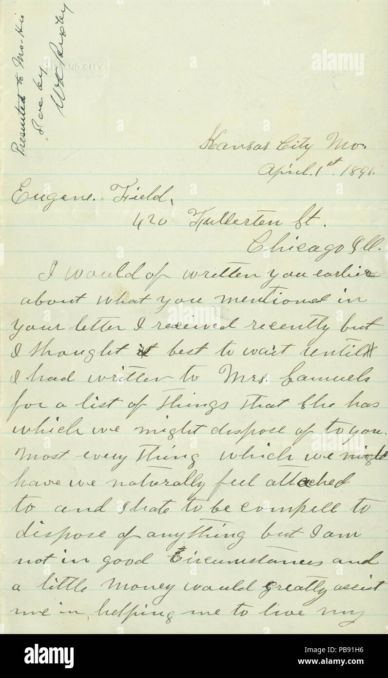 905 Lettre de Mme Jesse James (Zerelda Mimms), Kansas City, Mo., d'Eugene Field, Chicago, 1 avril, 1891 Banque D'Images