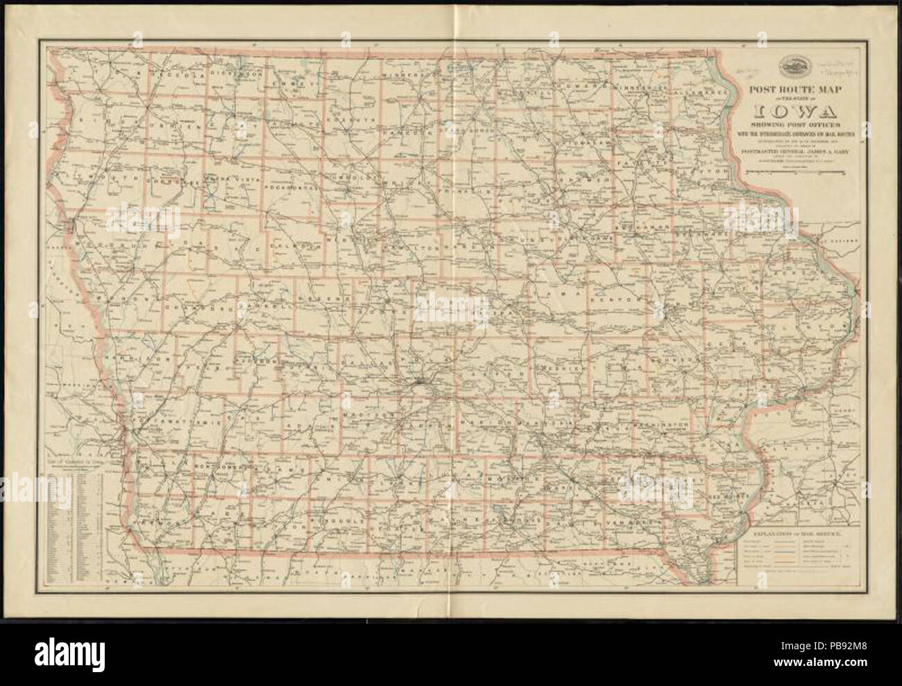 1221 route de poste carte de l'Etat de l'Iowa montrant les bureaux de poste avec les distances intermédiaires sur le courrier à pied à l'opération le 1er décembre 1897 (10156835713) Banque D'Images