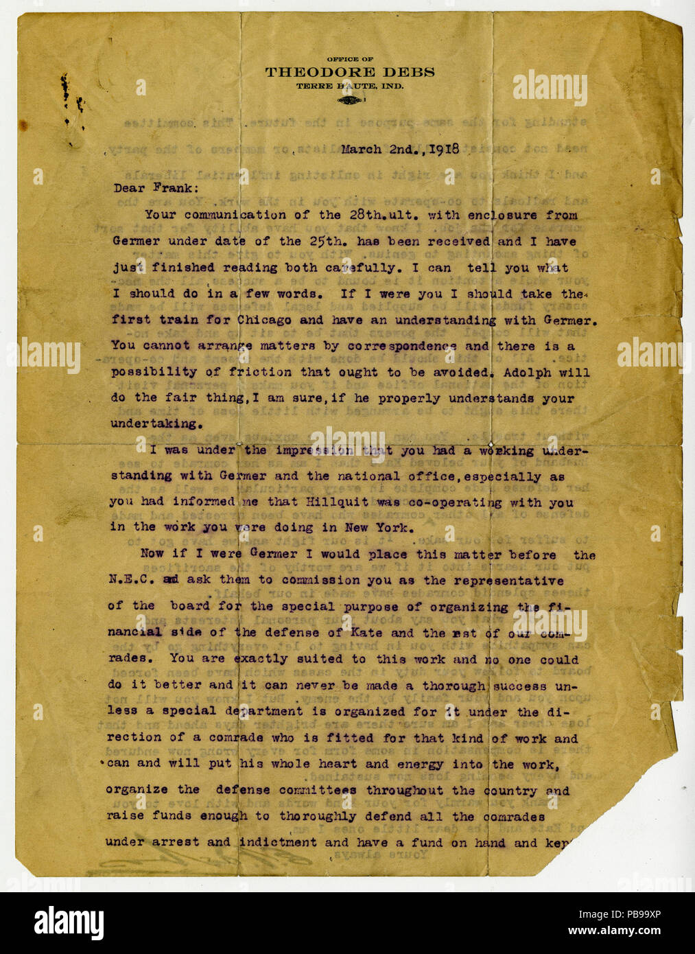 907 Lettre signée E.V. Debs, Terre Haute, Indiana, à Frank (Frank P. O'Hare), 2 mars 1918 Banque D'Images