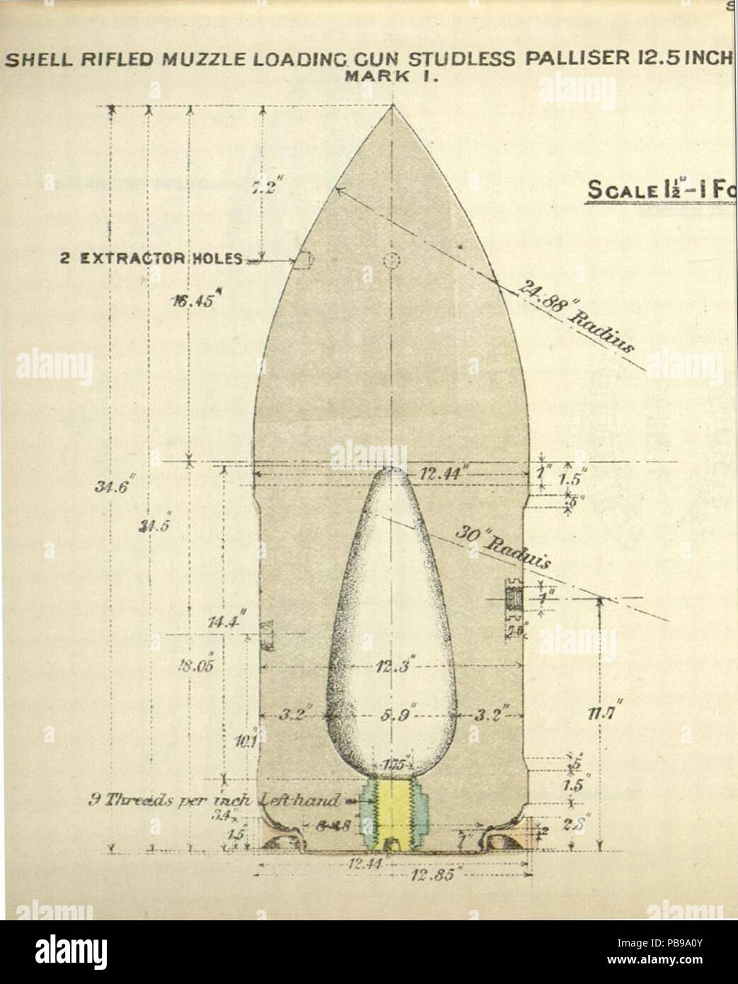 RML 1263 12.5dans Palliser sans crampon Mk I Shell avec Gas-Check automatique Banque D'Images