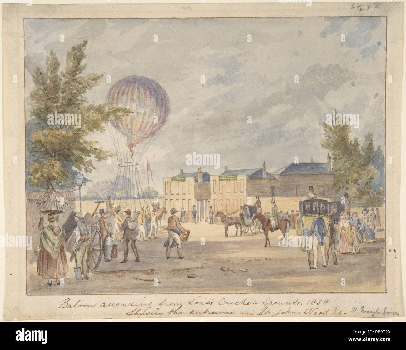 Ascension en montgolfière près de l'entrée de Lord's Cricket Ground, 1839. Artiste : Après Robert Bremmel Schnebbelie (britannique, active 1803-1849 Camden Town). Fiche technique : Dimensions : 5 7/8 x 7 5/8 in. (14,9 x 19,4 cm). Date : ca. 1839. Ascensions de ballons étaient populaires spectacles tout au long du xixe siècle et souvent représentée par les artistes. Ici, les hommes et les femmes ont appris dans les voitures, et les fournisseurs et travaille à l'arrêt sur leurs tournées, pour voir M. Hampton's balloon tirant sur les cordes. Le site est la St. John's Wood entrée de Lord's Cricket Ground, et l'événement a eu lieu le 7 juin 1839. Métro : Musée Banque D'Images