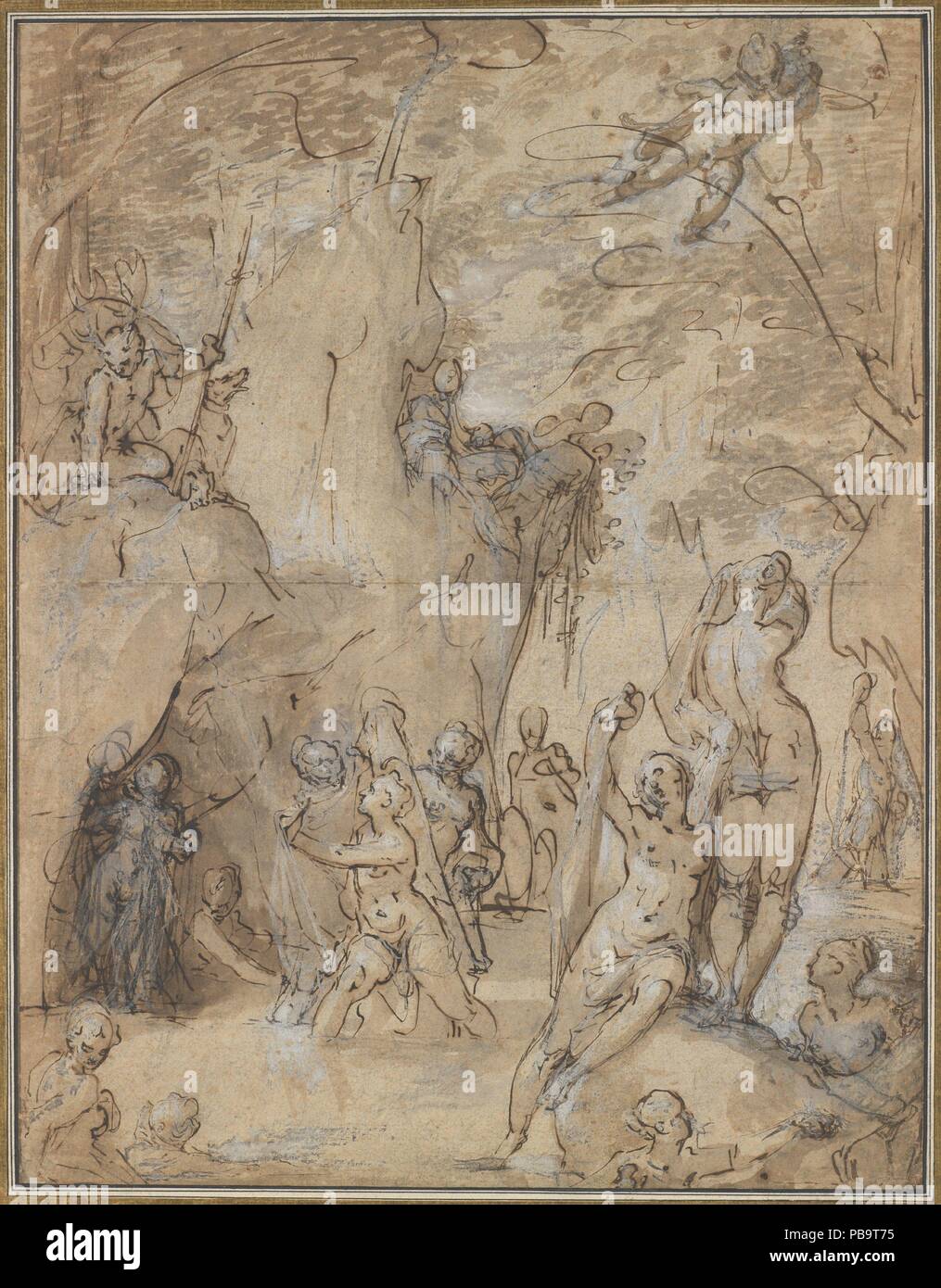 Diane et Actéon. Artiste : Bartholomeus Spranger (Anvers 1546-1611 Russisch, Prague). Dimensions : 16 1/4 x 12 5/8 in. (41.3 x 32.1cm). Date : ca. 1580-1585. Ce dessin représente l'histoire de Diane et Actéon, comme dit dans d'Ovide (Livre III : 138-253). Perché au sommet d'un affleurement rocheux en haut à gauche, Actéon regarde vers le bas sur Diana, qui est de se baigner dans l'entreprise de nymphes à l'intérieur d'un cadre arboré. Comme les baigneuses tentent de se couvrir, à l'eau éclabousse Diana l'intrus, qui se transforme en un cerf comme punition. Bien que la fonction servie par le dessin que j'ai Banque D'Images